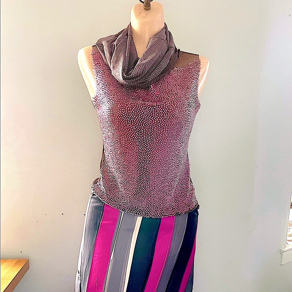 Trosman Churba fuchsia stripes and beads dress med